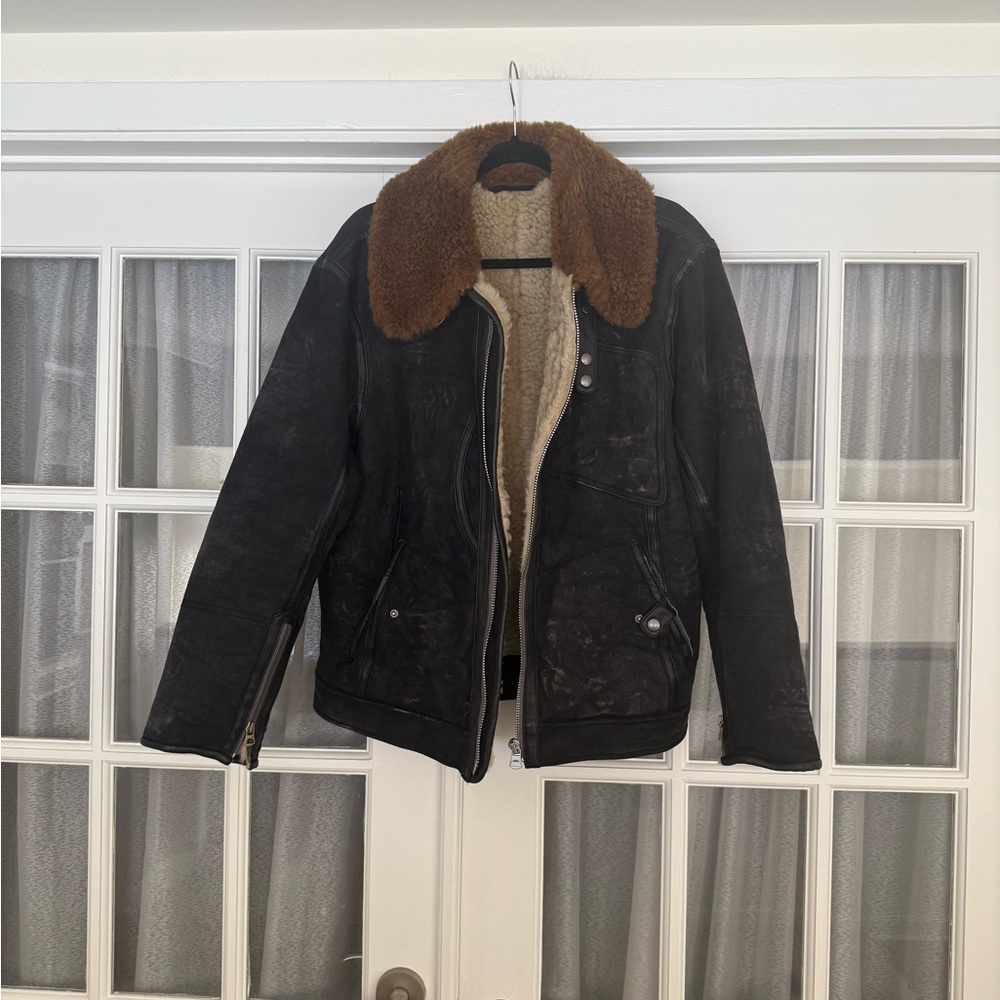 Banana Republic Black Leather Suede and Shearling Jacket with Brown Fur Collar